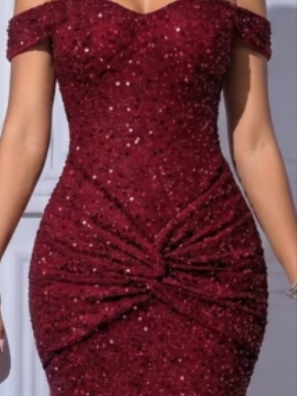 Sequin Off-Shoulder Wine Twist-Front Evening Dress